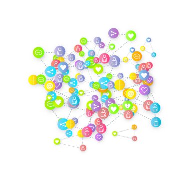 Sosyal medya pazarlaması, iletişim ağı kavramı. Beyaz arkaplana bağlı rastgele sosyal medya hizmetleri simgeleri. Yorum, arkadaş, paylaşım, hedef, mesaj. Vektör İnternet kavramı.