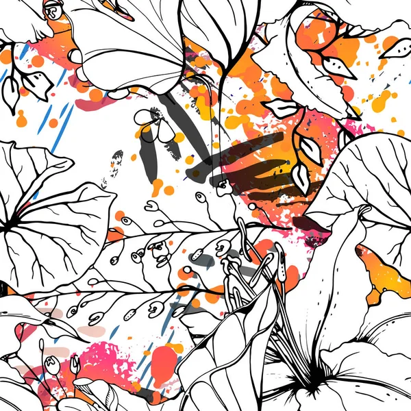 Blommig Svart Och Vit Sömlös Mönster Modernt Konstnärligt Akvarelltryck Mode — Stock vektor