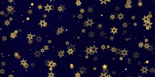 金色雪花般的无缝图案 秋天金黄的 生动的 明亮的雪 有霜冻 星辰的矢量图解 除夕夜庆祝活动的冬季深蓝色背景 — 图库矢量图片
