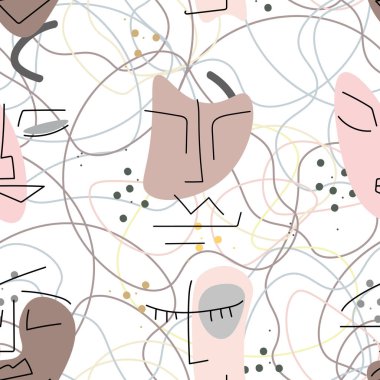 Kadın yüzü hattı. Soyut çizim kusursuz desen. Vektör Modern Minimum Sanat. Grafikler arka planda. Sürekli bir çizgi çiziyor. Doğrusal tasarım kadın ve erkek yüzleri. Güzel modern baskı..