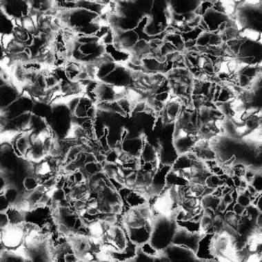 Siyah ve beyaz, ıslak ve pürüzsüz boya deseni. Suluboya karışık akış noktaları, noktalar, yırtık kenarlar. Tekstil, yüzey, moda, mayo ve modern tasarım için bitmeyen tekrarlanan soyut arkaplan.