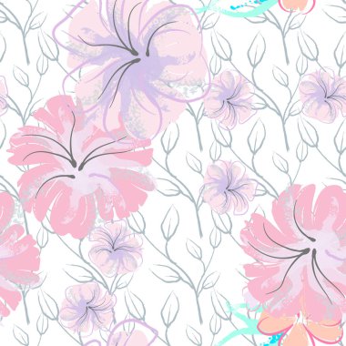 Pembe Çiçekler Çiçek Şablonu. Pastel Suluboya Çiçek Yazısı. Küçük pembe, sarı, gri yapraklı leylak çiçeği. Zarif fırça arka planı. Kusursuz Botanik Vektör Yüzeyi. Moda Yazıcıları İçin Desen.