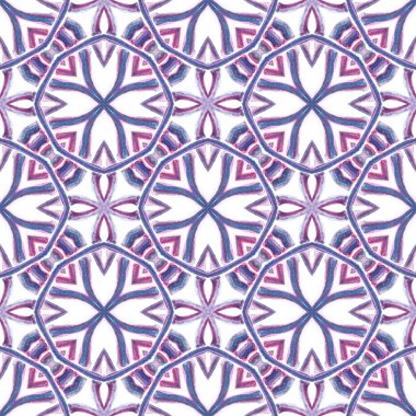 Modern Soyut, Sonsuz Tekrar Boyama. Talavera, Tunus, Türk, Arap süsü. Etnik Yüzey. Vintage Geo Kumaş. Mor, pembe yüzey. Geometri Süslemesi.