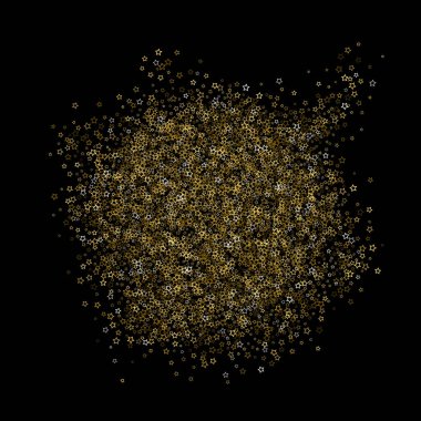 Altın Parıldayan Yıldızlar. Lüks Parlak Konfeti. Dağınık küçük bir parıltı. Parlak gümüş element. Rastgele sihirli minik ışık. Yıldızların düşüşü siyah arka plan. Yeni Yıl, Noel Vektörü illüstrasyonu.