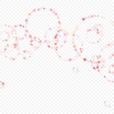 Kalp sevgisi vektör geçmişi. Sevgililer günü. Pembe kalpler konfetisi. Dağınık aşk sembolleri. Şeffaf arka planda gelişigüzel düşen kalp şekli. Güzel Davetiye, Tebrik Kartı İllüstrasyonu.