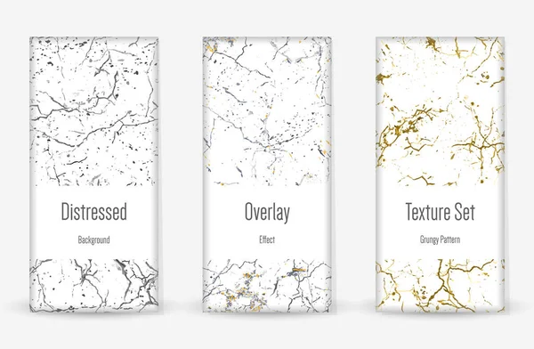 Kederli Grunge dokusu seti. Kusursuz desen. Çizilmiş, Dirt Print. Yarım tonluk Retro Arkaplan. Kırık, çatlak duvar dokusu. Altın, Siyah, Beyaz Grunge tarzı. Gürültü Kaba Tasarım. Vektör İllüstrasyonu.