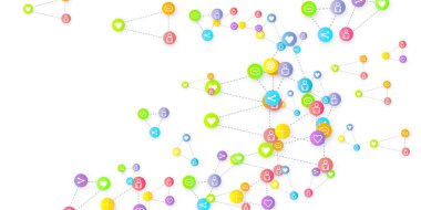 Sosyal medya pazarlaması, iletişim ağı kavramı. Beyaz arkaplana bağlı rastgele sosyal medya hizmetleri simgeleri. Yorum, arkadaş, paylaşım, hedef, mesaj. Vektör İnternet kavramı.