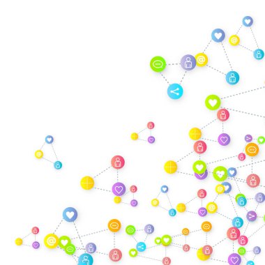Sosyal medya pazarlaması, iletişim ağı kavramı. Beyaz arkaplana bağlı rastgele sosyal medya hizmetleri simgeleri. Yorum, arkadaş, paylaşım, hedef, mesaj. Vektör İnternet kavramı.