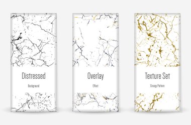 Kederli Grunge dokusu seti. Kusursuz desen. Çizilmiş, Dirt Print. Yarım tonluk Retro Arkaplan. Kırık, çatlak duvar dokusu. Altın, Siyah, Beyaz Grunge tarzı. Gürültü Kaba Tasarım. Vektör İllüstrasyonu.