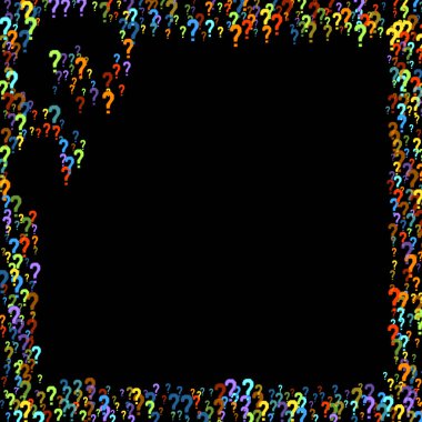 Soru işaretleri siyah arkaplana dağılmış. Sınav, şüphe, anket, araştırma, faq, sorgulama, sorgulama geçmişi. Kamuoyu yoklaması için çok renkli bir şablon. Gökkuşağı rengi. Vektör illüstrasyonu.