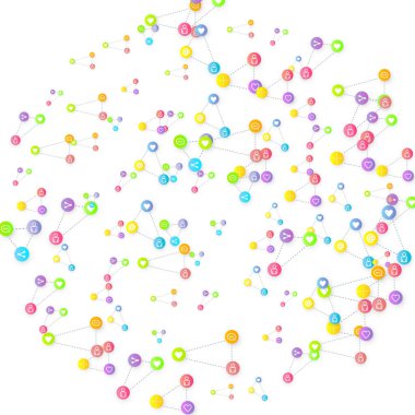 Sosyal medya pazarlaması, iletişim ağı kavramı. Beyaz arkaplana bağlı rastgele sosyal medya hizmetleri simgeleri. Yorum, arkadaş, paylaşım, hedef, mesaj. Vektör İnternet kavramı.