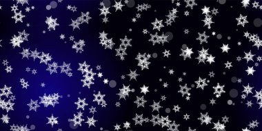 Düşen kar taneleri pürüzsüz desen. Uçan kar, don ve kar ile ilgili bir resim. Mavi gece geçmişinde noel kutlaması için kusursuz bir baskı. Yeni Yıl için Tatil Vektörü illüstrasyonu