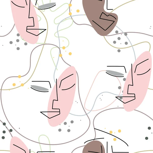 女性の顔ライン 抽象的なシームレスなパターンを描く ベクトル モダンのミニマルアート グラフィックス輪郭の背景 連続1線画 線形デザインの女性と男性の顔 Print — ストックベクタ