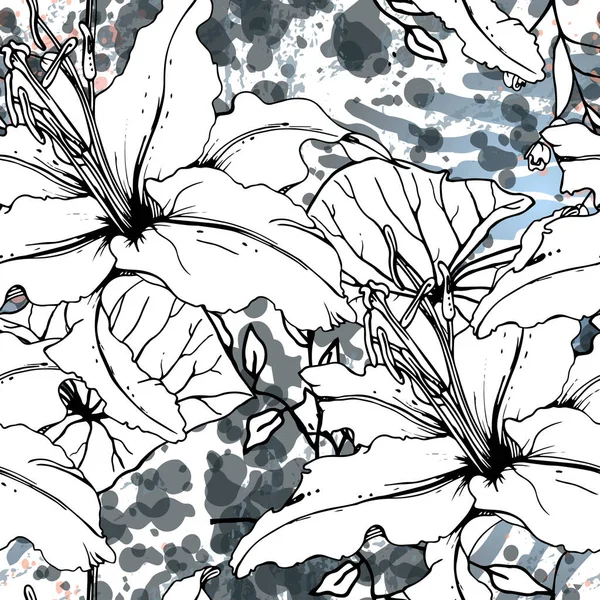 Patrón Floral Negro Blanco Sin Costura Impresión Acuarela Artística Moderna — Vector de stock