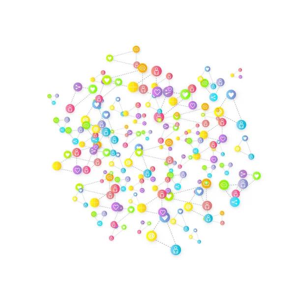 Sosyal medya pazarlaması, iletişim ağı kavramı. Beyaz arkaplana bağlı rastgele sosyal medya hizmetleri simgeleri. Yorum, arkadaş, paylaşım, hedef, mesaj. Vektör İnternet kavramı.