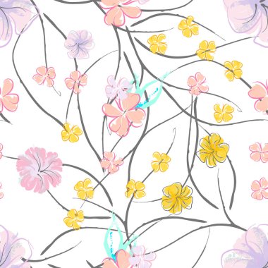 Pembe Çiçekler Çiçek Şablonu. Pastel Suluboya Çiçek Yazısı. Küçük pembe, sarı, gri yapraklı leylak çiçeği. Zarif fırça arka planı. Kusursuz Botanik Vektör Yüzeyi. Moda Yazıcıları İçin Desen.