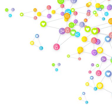 Sosyal medya pazarlaması, iletişim ağı kavramı. Beyaz arkaplana bağlı rastgele sosyal medya hizmetleri simgeleri. Yorum, arkadaş, paylaşım, hedef, mesaj. Vektör İnternet kavramı.