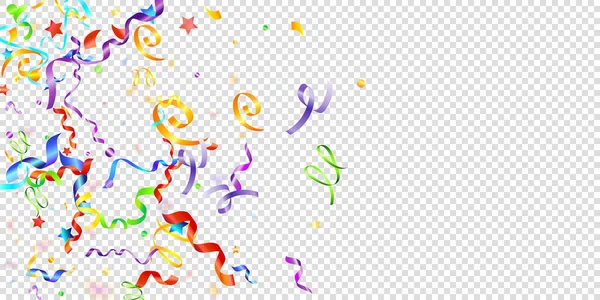 Renkli Yılan. Bayram folyo şeritleri. Şeffaf Arkaplanda Konfeti Yıldızı Düşüyor. Parti, Doğumgünü Vektör Şablonu. Karnaval Yılanı. Kutlama elementleri. Parlak Festivalsel Tinsel.