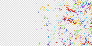Renkli Yılan. Bayram folyo şeritleri. Şeffaf Arkaplanda Konfeti Yıldızı Düşüyor. Parti, Doğumgünü Vektör Şablonu. Karnaval Yılanı. Kutlama elementleri. Parlak Festivalsel Tinsel.