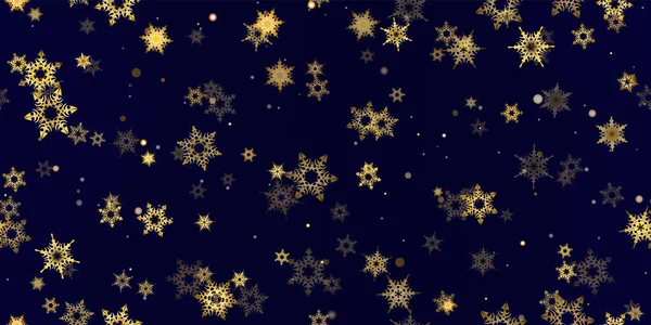 ゴールドスノーフレークシームレスパターン 鮮やかな 明るい雪の秋 星とベクトルイラスト クリスマスのお祝いのためのホリデー冬の暗い青の背景 — ストックベクタ