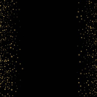 Düşen kar, altın deseni bozar. Uçan altın kar, don ve kar yağışlı bir resim. Kara geceyle ilgili Noel kutlaması için kış baskısı. Yeni Yıl için Tatil Vektörü illüstrasyonu.