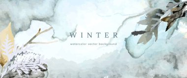Kış suluboya geçmişi. Vektör el doku çizimi botanik yapraklar, çiçekler. Kış mevsimi için soyut sanat tasarımı. Modern kart, düğün masrafları, davetiye. Noel Sanatları Dekorasyonu.