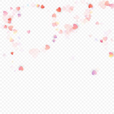 Kalp sevgisi vektör geçmişi. Sevgililer günü. Pembe kalpler konfetisi. Dağınık aşk sembolleri. Şeffaf arka planda gelişigüzel düşen kalp şekli. Güzel Davetiye, Tebrik Kartı İllüstrasyonu.