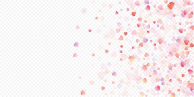 Kalp sevgisi vektör geçmişi. Sevgililer günü. Pembe kalpler konfetisi. Dağınık aşk sembolleri. Şeffaf arka planda gelişigüzel düşen kalp şekli. Güzel Davetiye, Tebrik Kartı İllüstrasyonu.