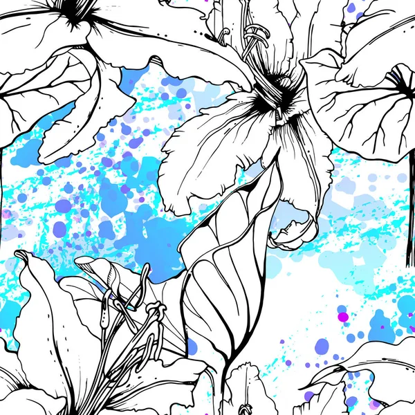 Bloemen Zwart Met Wit Naadloos Patroon Moderne Artistieke Aquareldruk Fashion — Stockvector