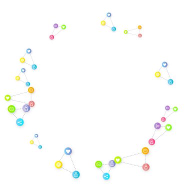 Sosyal medya pazarlaması, iletişim ağı kavramı. Beyaz arkaplana bağlı rastgele sosyal medya hizmetleri simgeleri. Yorum, arkadaş, paylaşım, hedef, mesaj. Vektör İnternet kavramı.