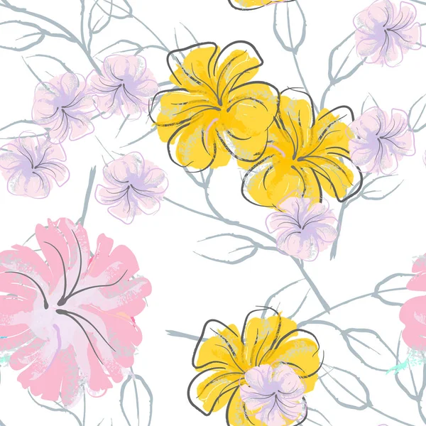 Roze Bloemen Bloeiende Patroon Pastel Aquarel Bloemenprint Little Pink Yellow — Stockvector