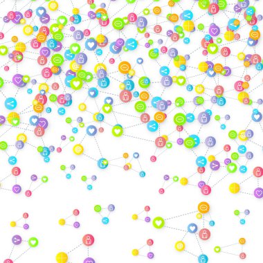 Sosyal medya pazarlaması, iletişim ağı kavramı. Beyaz arkaplana bağlı rastgele sosyal medya hizmetleri simgeleri. Yorum, arkadaş, paylaşım, hedef, mesaj. Vektör İnternet kavramı.