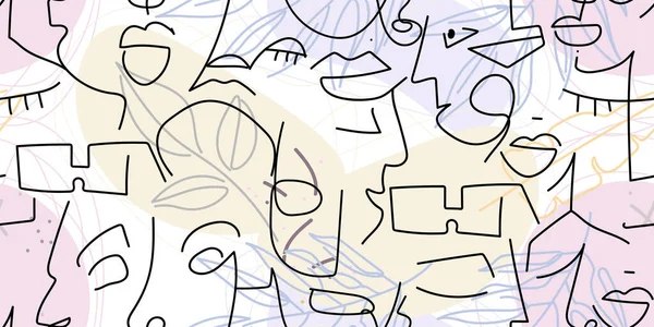 １本の線画 要旨はシームレスなパターンに直面する ベクトル モダンのミニマルアート グラフィックス輪郭の背景 連続線画 線形デザインの女性と男性の顔 Print — ストックベクタ