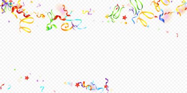 Renkli Yılan. Bayram folyo şeritleri. Şeffaf Arkaplanda Konfeti Yıldızı Düşüyor. Parti, Doğumgünü Vektör Şablonu. Karnaval Yılanı. Kutlama elementleri. Parlak Festivalsel Tinsel.