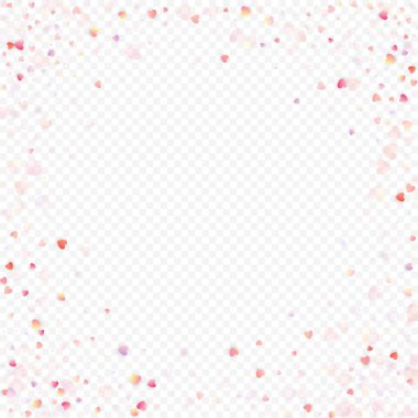 Kalp sevgisi vektör geçmişi. Sevgililer günü. Pembe kalpler konfetisi. Dağınık aşk sembolleri. Şeffaf arka planda gelişigüzel düşen kalp şekli. Güzel Davetiye, Tebrik Kartı İllüstrasyonu.