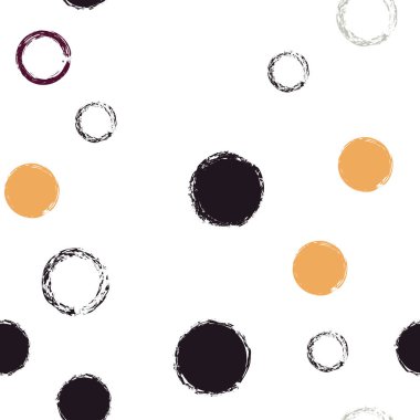 Black Brush Circle. Vector Seamless Pattern. Bright Design. White Abstract Background With Watercolor Fall Chaotic Shapes. Grunge Retro Packaging. Chalk Brush Rounds, Confetti