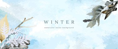Kış suluboya geçmişi. Vektör el doku çizimi botanik yapraklar, çiçekler. Kış mevsimi için soyut sanat tasarımı. Modern kart, düğün masrafları, davetiye. Noel Sanatları Dekorasyonu.