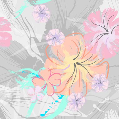 Pembe Çiçekler Çiçek Şablonu. Pastel Suluboya Çiçek Yazısı. Küçük pembe, sarı, gri yapraklı leylak çiçeği. Zarif fırça arka planı. Kusursuz Botanik Vektör Yüzeyi. Moda Yazıcıları İçin Desen.