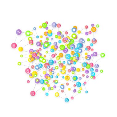 Sosyal medya pazarlaması, iletişim ağı kavramı. Beyaz arkaplana bağlı rastgele sosyal medya hizmetleri simgeleri. Yorum, arkadaş, paylaşım, hedef, mesaj. Vektör İnternet kavramı.