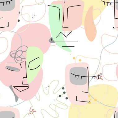 Yüz çizgisi deseni. Soyut çizim kusursuz desen. Vektör Modern Minimum Sanat. Grafikler arka planda. Sürekli bir çizgi çiziyor. Doğrusal tasarım kadın ve erkek yüzleri. Güzel modern baskı..