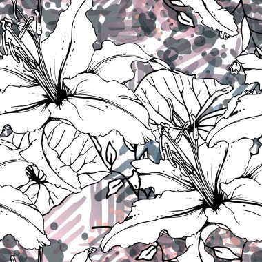 Çiçekli Siyah ve Beyaz Kusursuz Şablon. Modern Sanatsal Suluboya Baskısı. Moda Dış Hatları Çiçek Yüzeyi. Mürekkep lekeleri dokusunda Botanik Vektör Motifi. Soyut Yaprak Çizimi. Trend Tropik Arkaplanı.