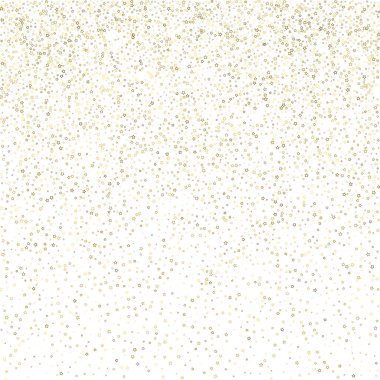 Altın Parıldayan Yıldızlar. Lüks Parlak Konfeti. Dağınık küçük bir parıltı. Parlak gümüş element. Rastgele sihirli minik ışık. Yıldızların beyaz arka planı. Yeni Yıl, Noel Vektörü illüstrasyonu.