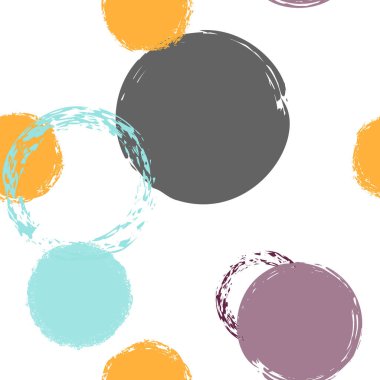 Black Brush Circle. Vector Seamless Pattern. Vivid Decor. White Abstract Background With Watercolor Fall Chaotic Shapes. Modern Vintage Textile. Chalk Brush Rounds, Confetti