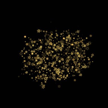 Düşen kar, altın deseni bozar. Uçan altın kar, don ve kar yağışlı bir resim. Kara geceyle ilgili Noel kutlaması için kış baskısı. Yeni Yıl için Tatil Vektörü illüstrasyonu.