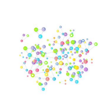 Sosyal medya pazarlaması, iletişim ağı kavramı. Beyaz arkaplana bağlı rastgele sosyal medya hizmetleri simgeleri. Yorum, arkadaş, paylaşım, hedef, mesaj. Vektör İnternet kavramı.