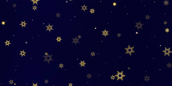 金の落下雪はシームレスパターンをフレーク 雪を飛んでイラスト 青い夜の背景にクリスマスのお祝いのための冬のシームレスなプリント ホリデーベクトルイラスト新年 — ストックベクタ