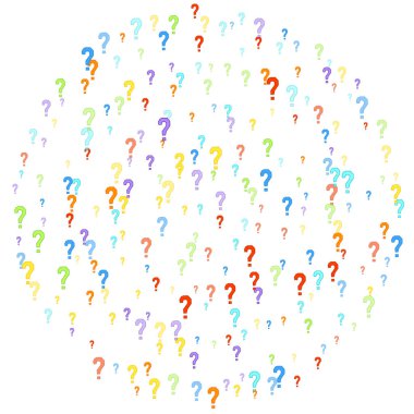 Beyaz arka plana dağılmış soru işaretleri. Sınav, şüphe, anket, araştırma, faq, sorgulama, sorgulama geçmişi. Kamuoyu yoklaması için çok renkli bir şablon. Gökkuşağı rengi. Vektör illüstrasyonu.