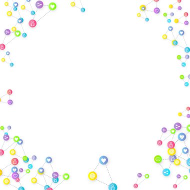 Sosyal medya pazarlaması, iletişim ağı kavramı. Beyaz arkaplana bağlı rastgele sosyal medya hizmetleri simgeleri. Yorum, arkadaş, paylaşım, hedef, mesaj. Vektör İnternet kavramı.