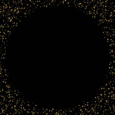 Düşen kar, altın deseni bozar. Uçan altın kar, don ve kar yağışlı bir resim. Kara geceyle ilgili Noel kutlaması için kış baskısı. Yeni Yıl için Tatil Vektörü illüstrasyonu.