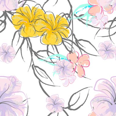 Pembe Çiçekler Çiçek Şablonu. Pastel Suluboya Çiçek Yazısı. Küçük pembe, sarı, gri yapraklı leylak çiçeği. Zarif fırça arka planı. Kusursuz Botanik Vektör Yüzeyi. Moda Yazıcıları İçin Desen.
